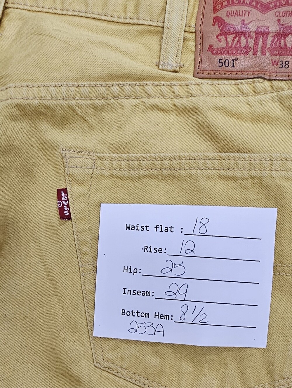 Levi's 501 Men's Size 38x29 Altered Button Fly Denim Mustard Yellow - Picture 5 of 10